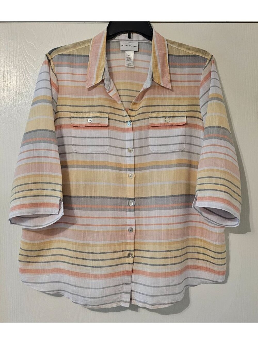Alfred Dunner Womens XL Striped Button-Down Shirt 3/4 Slev Coastal Beachy Resort